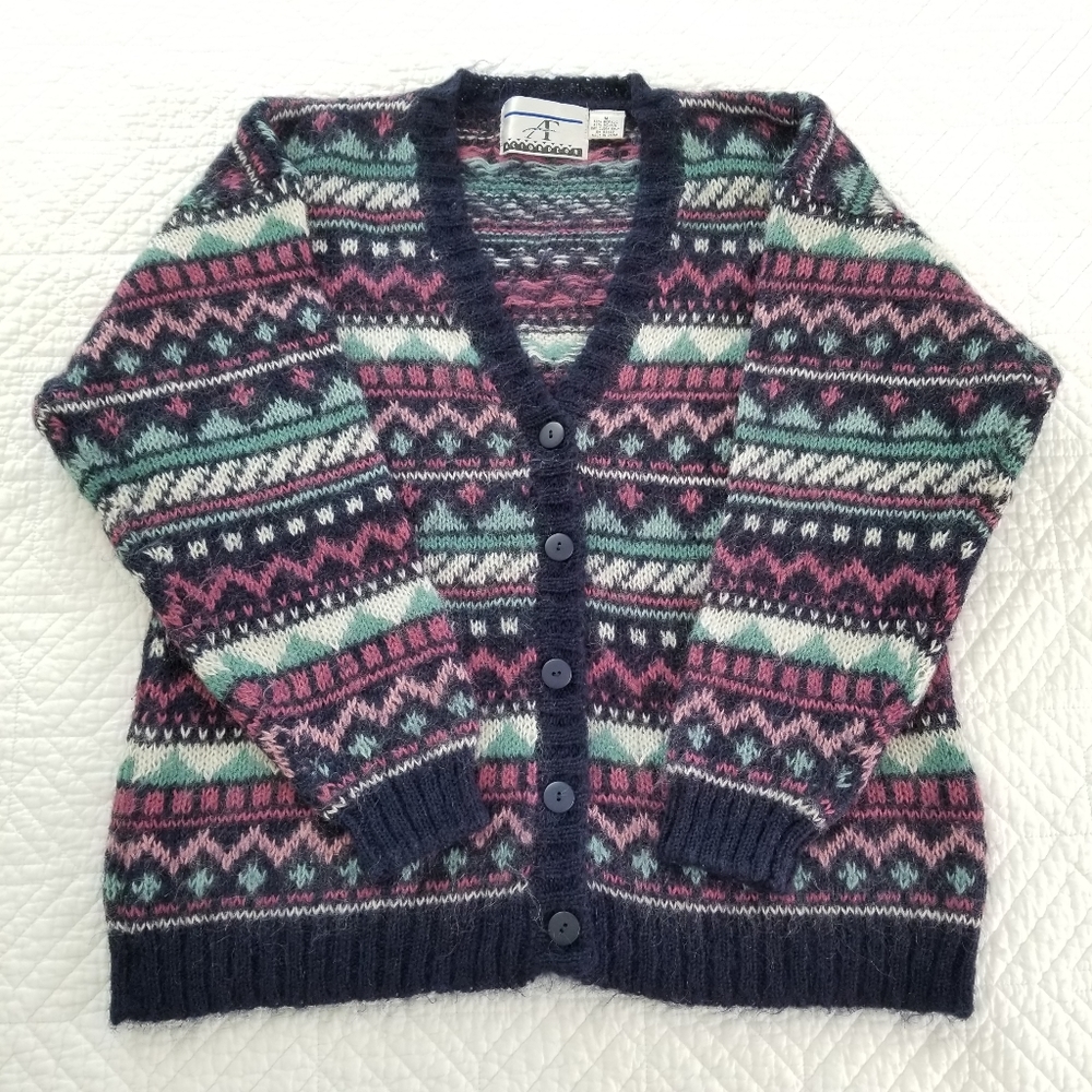 Vintage Blue Teal Mauve Fair Isle Fuzzy Mohair Blend Cardigan Accordeon Medium